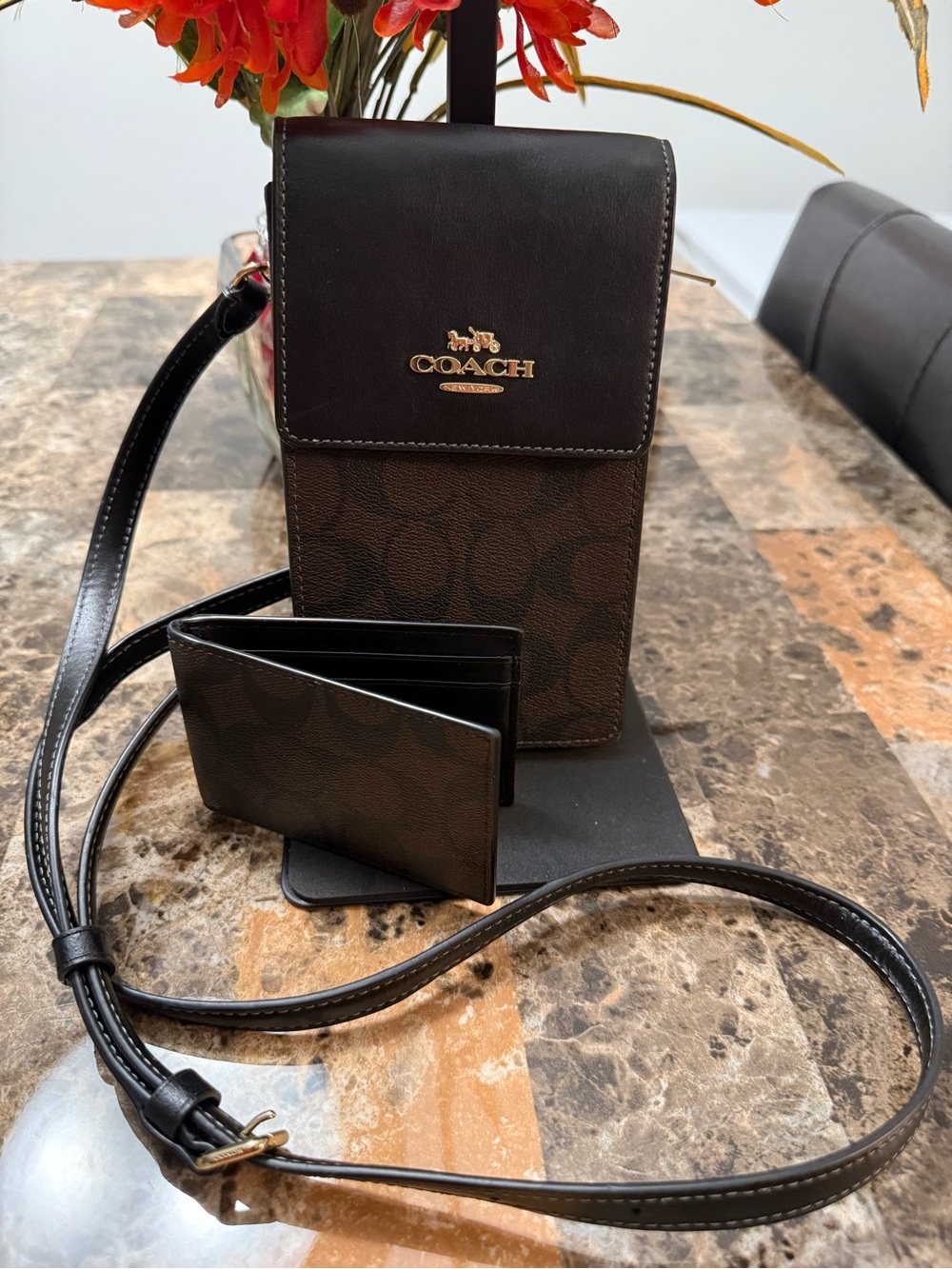 Coach Brown Signature Crossbody Phone Bag with Card Holder and wallet